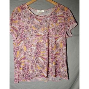 Jolie & Joy Mesh Baby Tee XL Retro Floral Sheer Crop  Hippie 70s Top Lettuce Hem